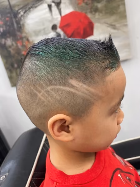 Kids Mohawk with Freestyle Design & Color - Fun kids faux-mohawk featuring custom curved razor line art and green color styling.