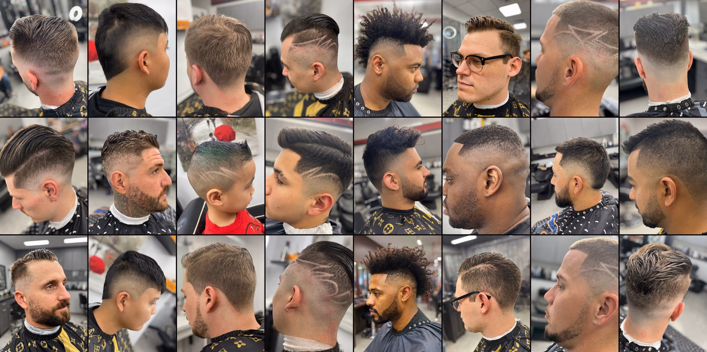 Kings K Barbershop haircuts mosaic showcase featuring fades, tapers, beard trims, and boys cuts