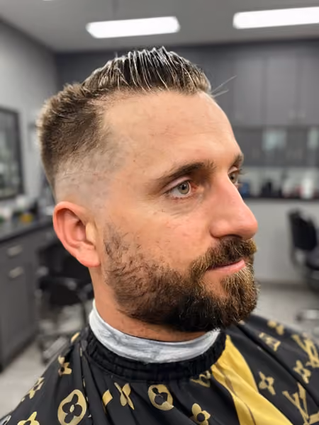 Mid Skin Fade & Textured Brush Up with Full Beard - Angle B