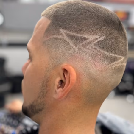Buzz Cut Skin Fade & Lightning Bolt Design - Angle A